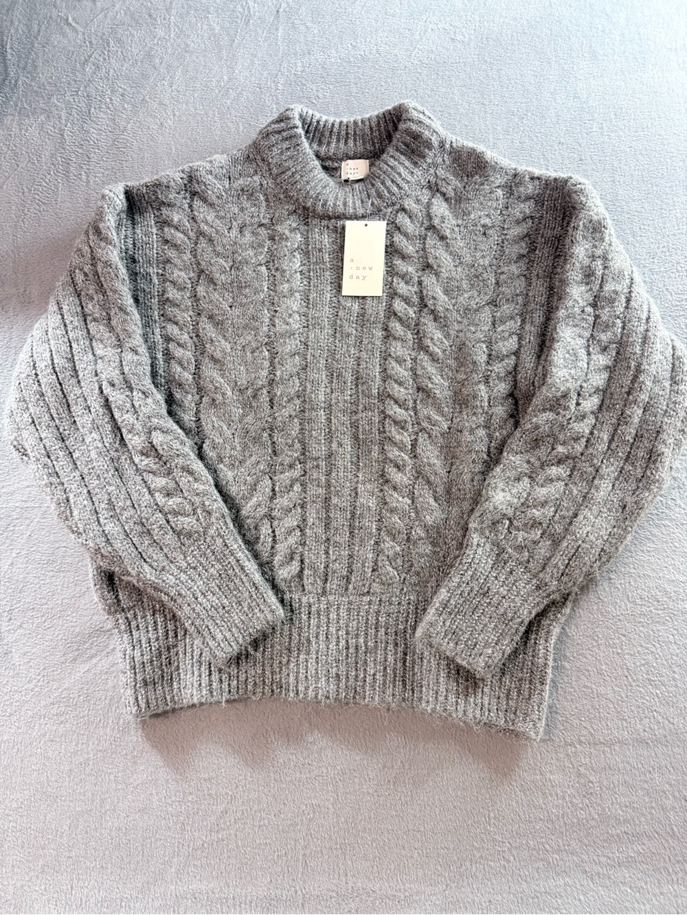 a new day - Gray Cable Knit Crewneck Sweater